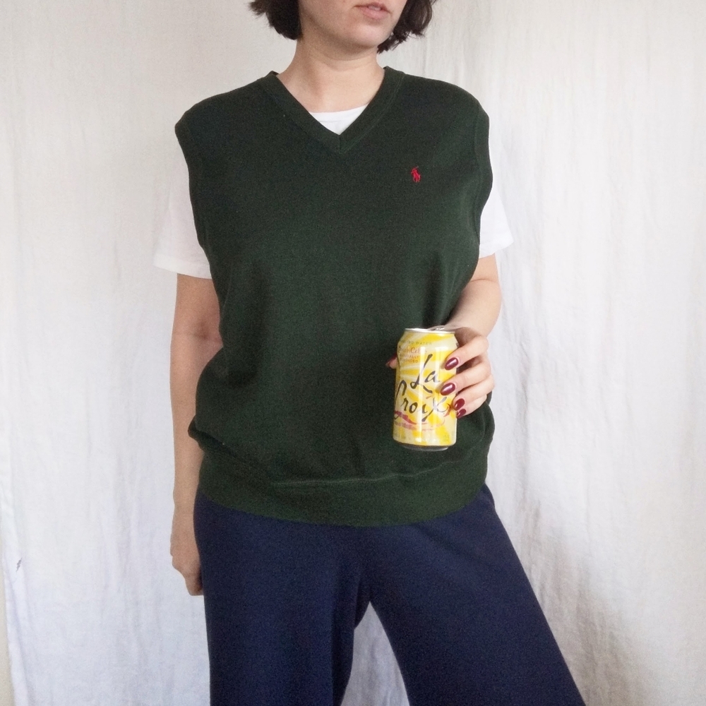 Vtg POLO RALPH LAUREN Forest Green Knit V Neck Sweater Vest Golf Tank XL - Picture 2 of 5